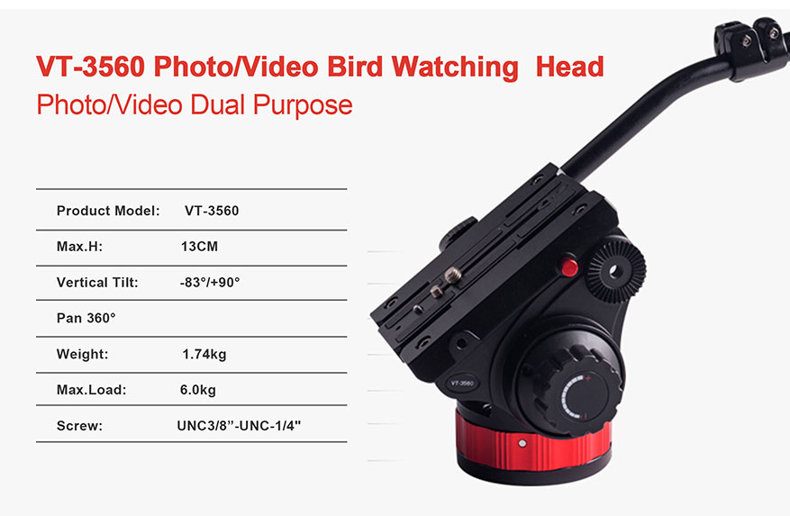 ראש וידאו VT-3560 Black VT Series Photo/Video/Birdwatching Head מבית  Kingjoy 
